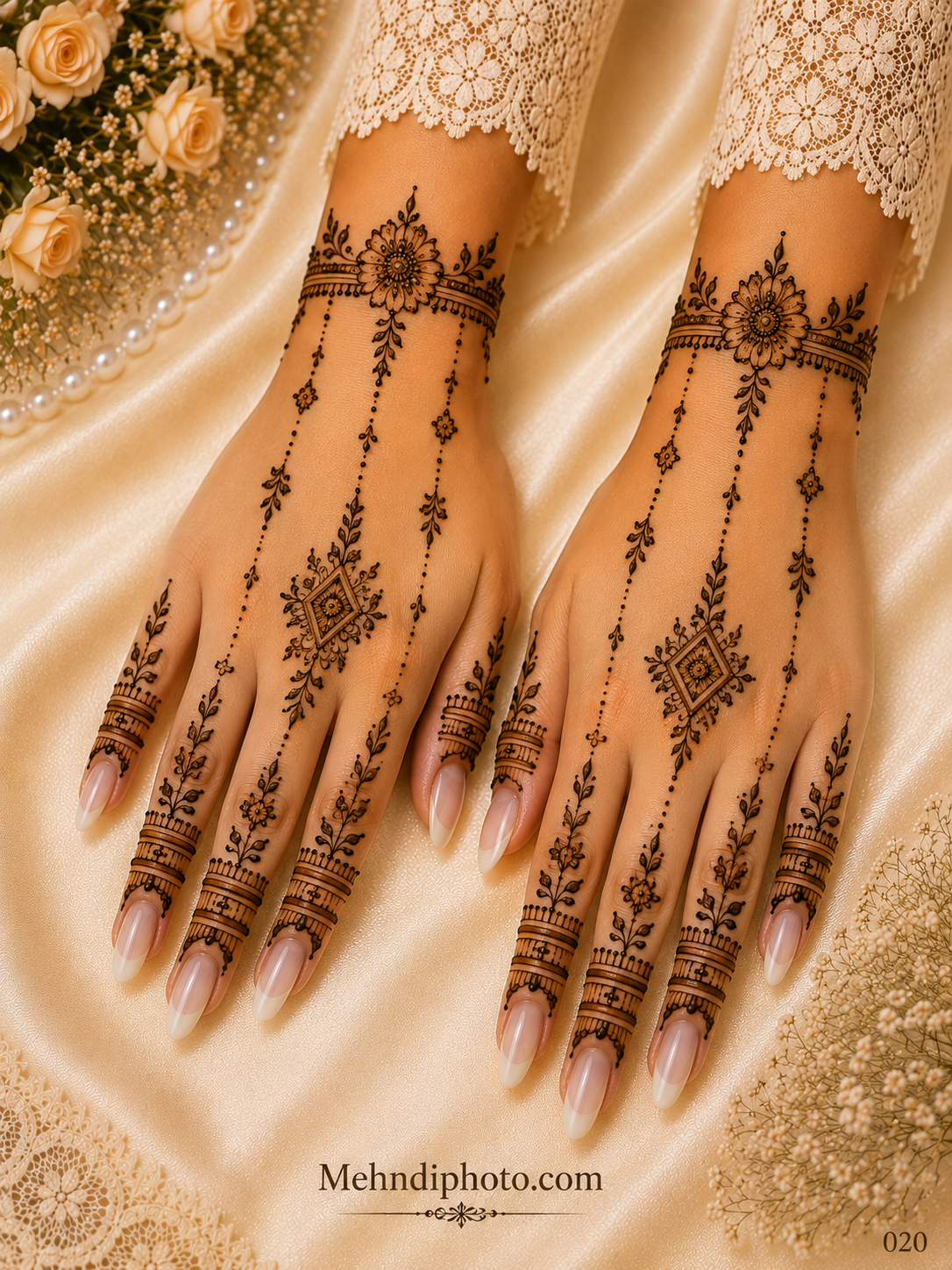 Simple back hand mehndi design on two hands with floral wrist bracelets, diamond-shaped motifs, dotted hanging chains and leafy finger patterns.